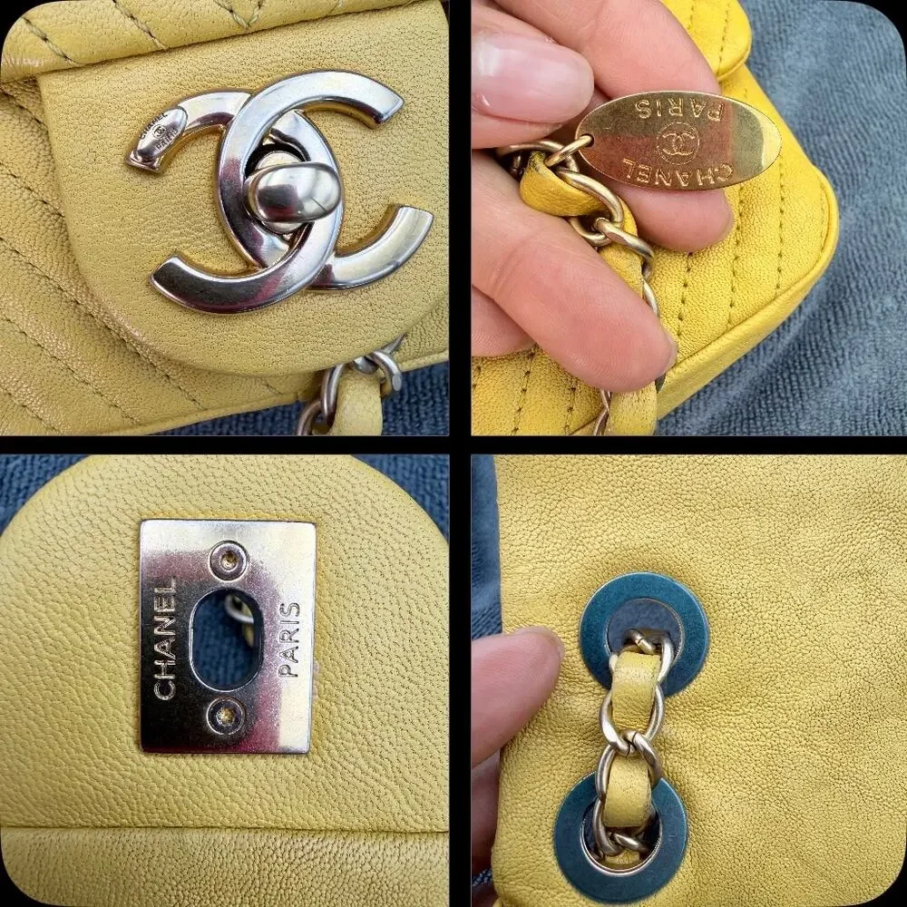 SALE $$$ CHANEL Small Single Flap Chevron Yellow Caviar Crossbody Bag GHW charm